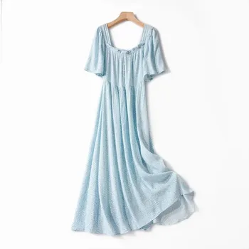 

Women Floral Sweet Maxi Dress 2020 Summer Backless Slim Waist lady Square Collar Female Pleated Long Dresses for Holiday Party