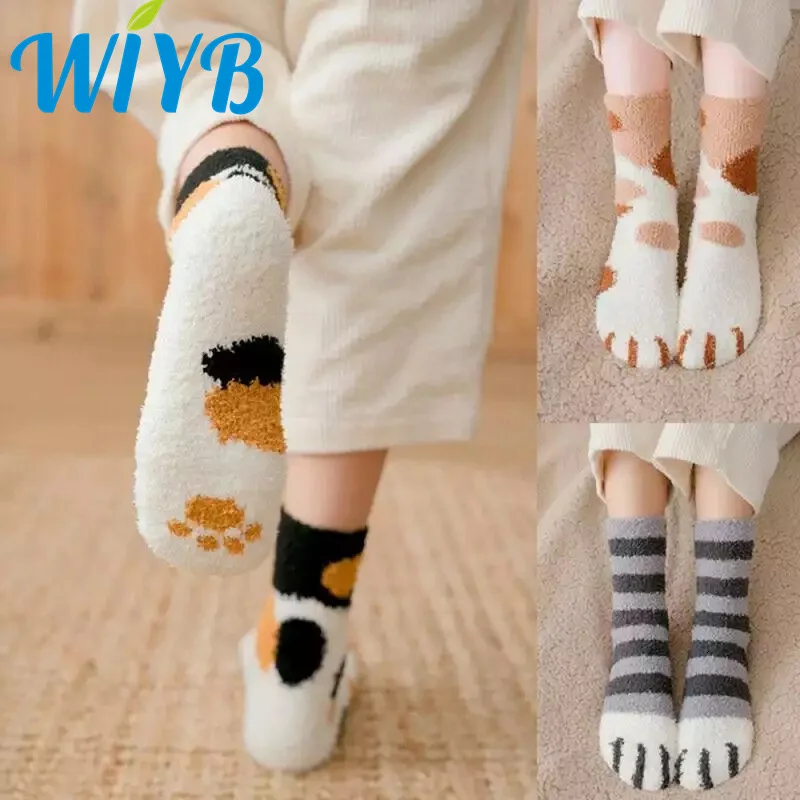 1 Pair New Arrivals Coral Fleece Socks Female Kawaii Tube socks Autumn Winter Cat Claws Cute Thick Warm Sleeping Floor | Женская одежда