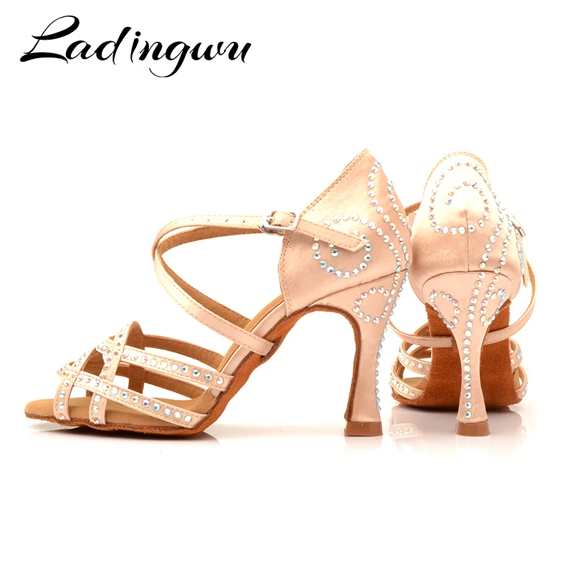Ladingwu Dance Shoes Latin Women Rhinestone Salsa Shoes Dance Ballroom Party Profession Dance Shoes Heel 10cm Green Skin Color