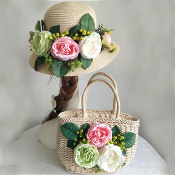 

Bags for women summer rattan weaving bag with straw hat summer holiday beach bag for ladies Flower Straw Basket Beige purse