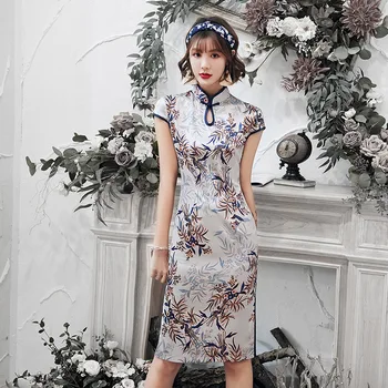 

Classic Mandarin Collar Satin Cheongsam Large Size Women Vintage Short Qipao Vestidso Sexy High Split Wedding Party Dress