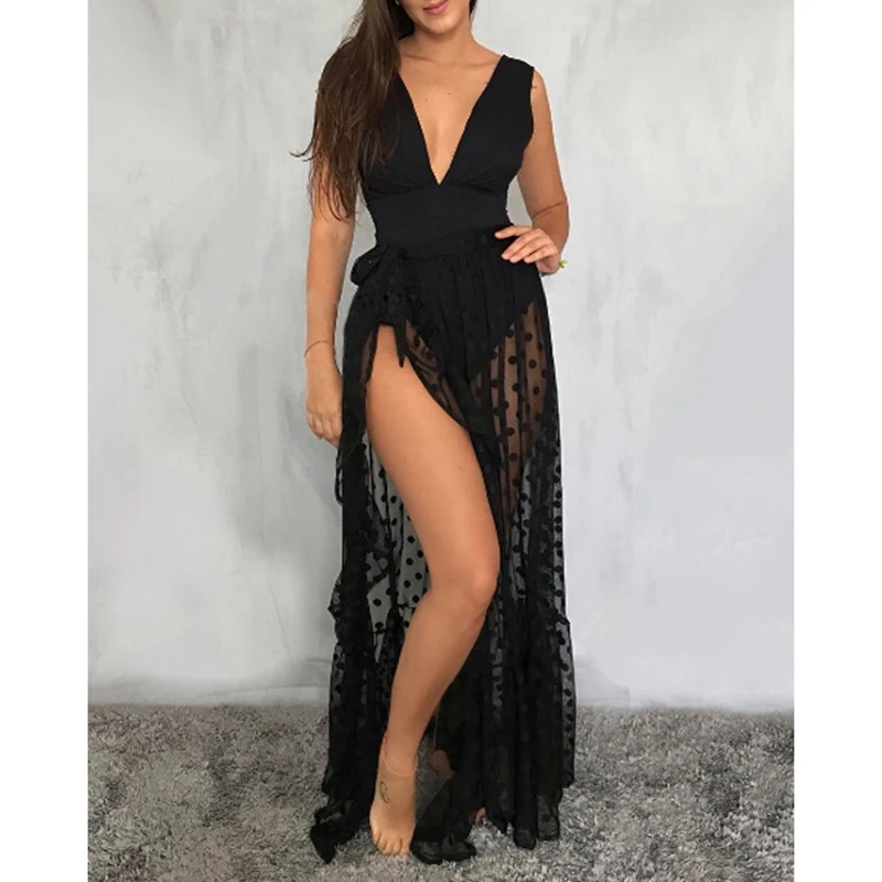 

Sexy Women Mesh Sheer Beach Holiday Ruffled Sunscreen Bikini Cover Up Wrap Belted Bow knot tied Long Skirt Summer Holiday