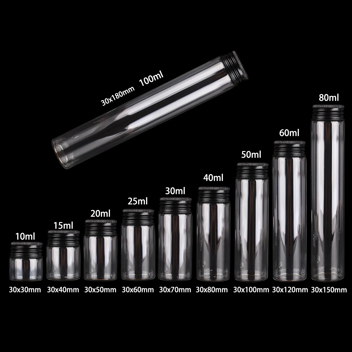 Assorted Glass Bottles with Black Aluminum Caps - Set of 12 Essential Potion and Spice Jars