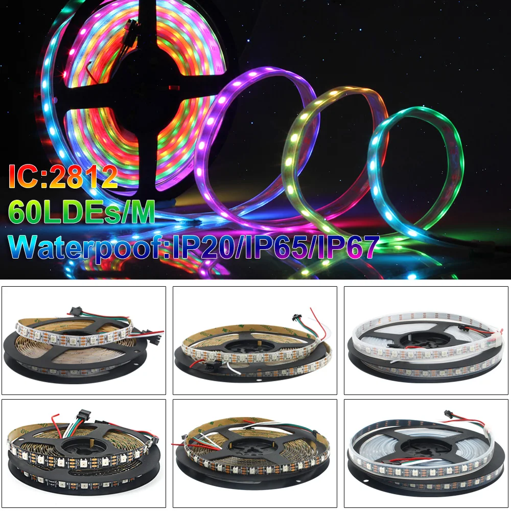 

5m WS2812B Led Strip 60 pixels/leds/m WS2812 Individually Addressable Smart RGB Led Light Strip Black/White PCB IP30/65/67 DC5V