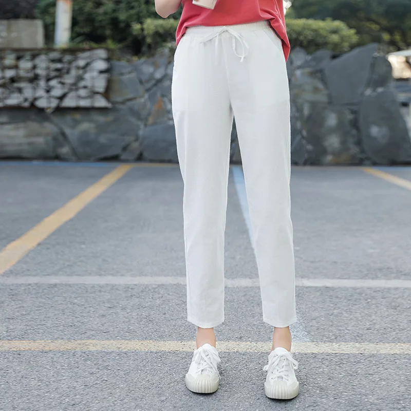 Spring Cotton Linen Pants Plus Size Loose Women Ankle Length Harem Pants Pocket Elastic High Waist Casual Trousers Orange Black