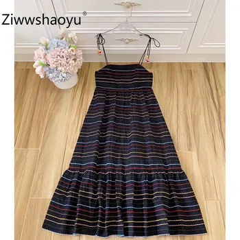 

Ziwwshaoyu Sexy Summer Beach Holiday Colorful Embroidery Stripe Spaghetti Strap Cotton Black Long Dresses Women's