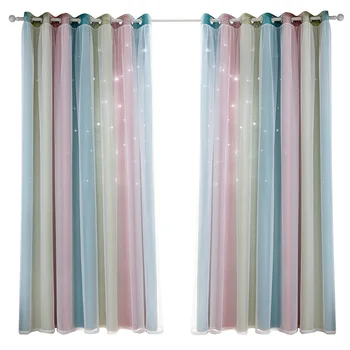 

Bedroom Grommet Extra Long Star Curtains Easy Install Blackout Gradient Home Out Window Double Layer Romantic