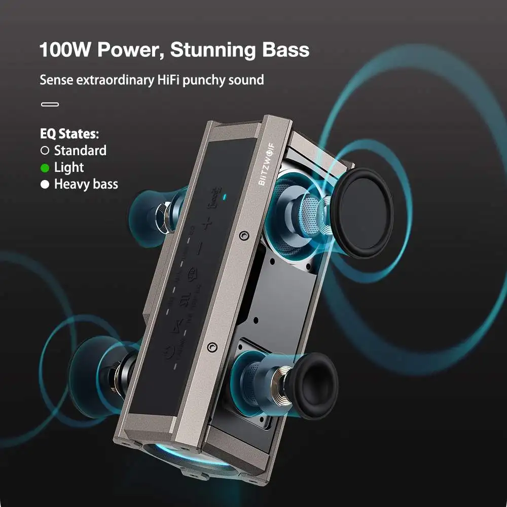 Фото BlitzWolf BW-WA3 100 Вт Мощные bluetooth-совместимые динамики 5000 мАч IPX5 Водонепроницаемая беспроводная колонка TWS Двойная диафрагма Глубокие басы Наружные переносные колонки №2