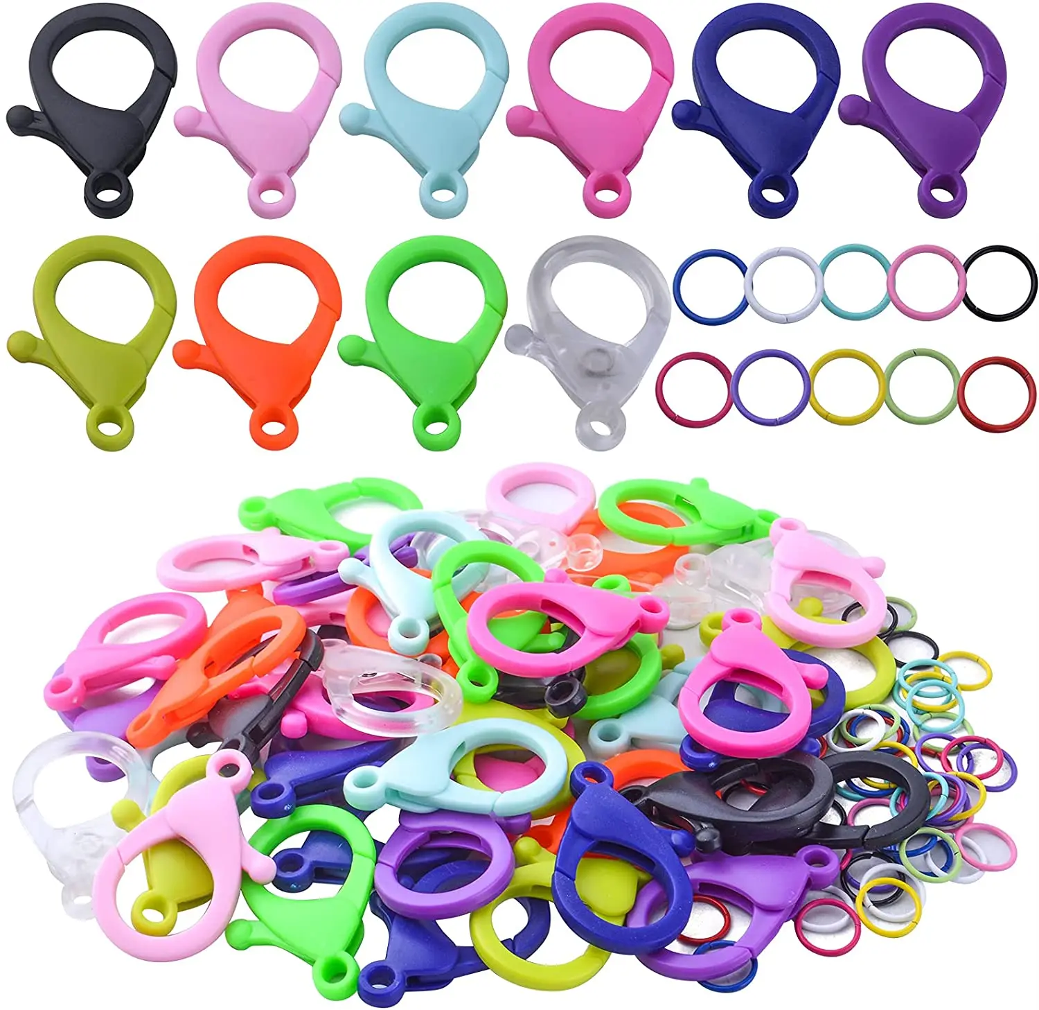

50pcs Colorful Hard Plastic Lobster Clasps and 50pcs Metal Open Jump Rings Lanyard Snap Clips for DIY Keychains Jewelry Making
