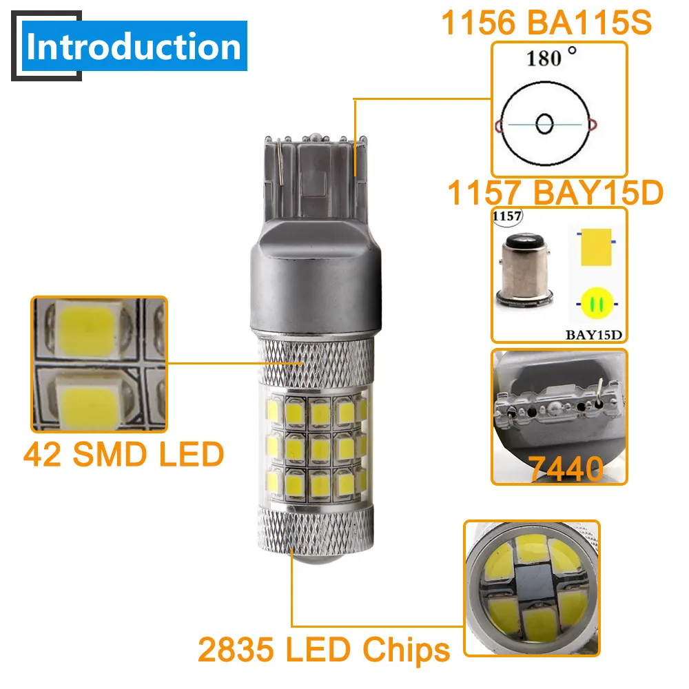 2X 9-28 в P21W 2835 42 SMD Светодиодная лампа 1156 BA15S 1157 PY21/5 Вт 3157 7443 стоп-сигнал, задний фонарь для вождения, белый Янтарный красный