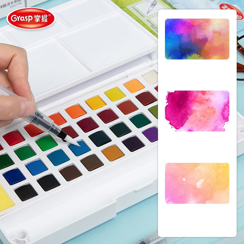 Portable 12/18/24/36/48 Colors Solid Pigment Watercolor Paints Set With Sponge Water Brush Pen For Artist Painting Art Supplies