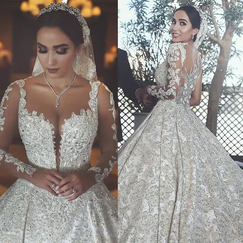 Luxury Beaded Muslim Wedding Dress Sexy Illusion Back Long Sleeve Ball Gown Bride Scoop Neck Vestido De Novia | Свадьбы и торжества