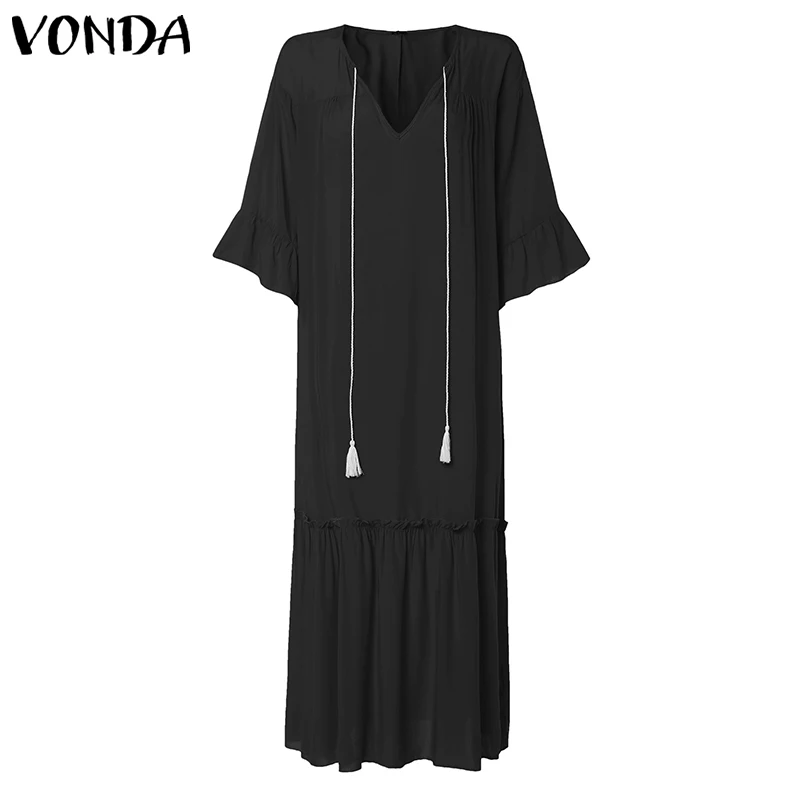 Платья летнее сексуальное платье VONDA большого размера с v-образным вырезом, однотонное платье, повседневный пляжный сарафан, свободный халат, богемный женский размер выше - Цвет: Black