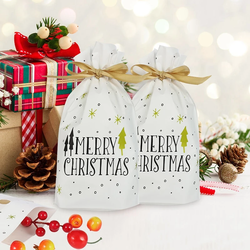 50pcs Merry Christmas Candy Bag Drawstring Bag Silk Ribbon For Birthday Wedding Party Decora Kids Gift Wrapping Supplies