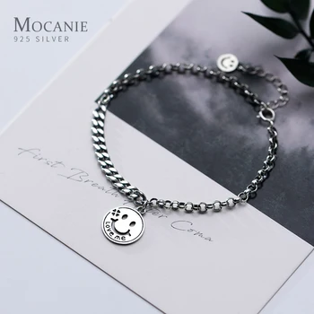 

Mocanie Vintage 925 Sterling Silver Lovely Smiley Face Lettering “Love Me” Bracelet for Couple Link Chain Promise Jewelry Gift