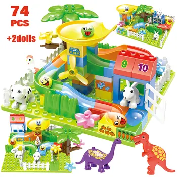 

74-227Pcs Creative Jurassic Dinosaur Maze Balls Building Blocks Duploed Track Marble Slide Big Size Bricks Kids Toys