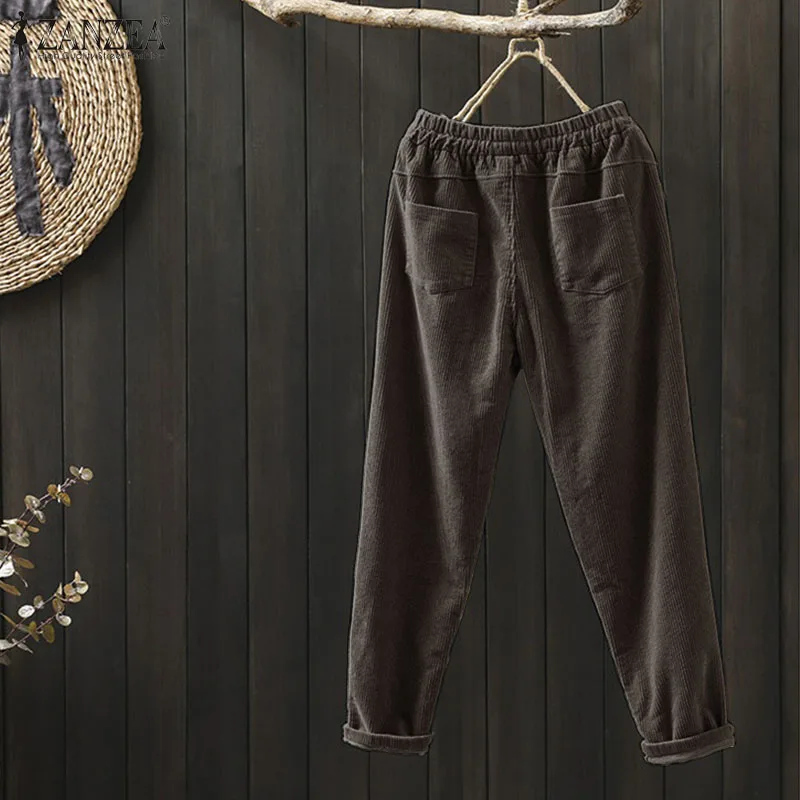 Элегантные женские вельветовые штаны, брюки, ZANZEA, Осенние штаны-шаровары, высокая эластичность, Pantalon, женские брюки палаццо размера плюс, Женская Репка