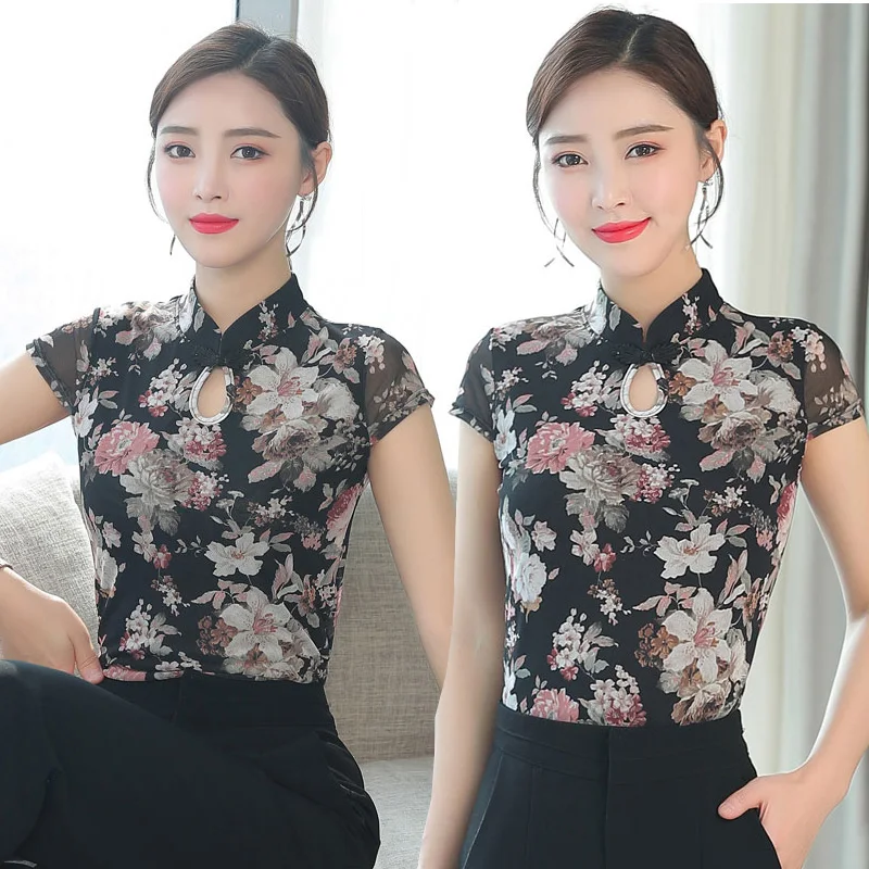 Женская новая летняя Весенняя Модифицированная ретро-китайская стильная Базовая сетчатая рубашка с коротким рукавом, женские кружевные топы cheongsam