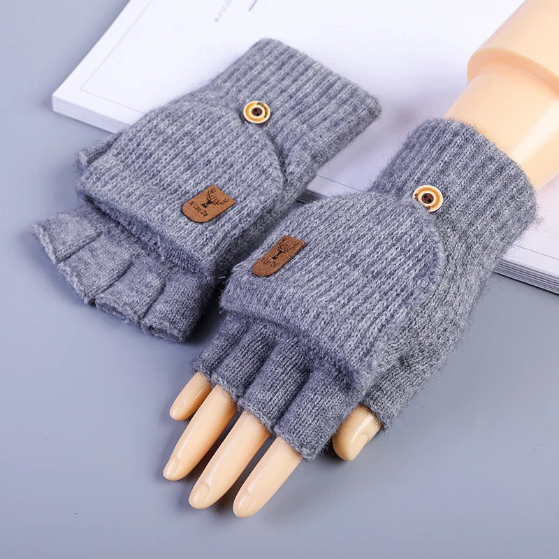 Unisex Wool Knitted Fingerless Flip Gloves Winter Warm Flexible Finger