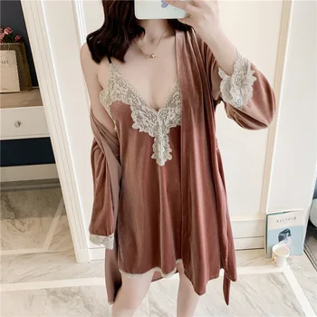 

Lace Sexy Young Lady Velour Kimono Bathrobe Gown 2PCS Robe Set Nightdress Sleepwear Velvet Sleep Set Women Home Dressing Gown