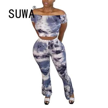 

2020 Newest Summer Women Sets Clothes Hot Style Model Tie-dye Print Off Shoulder Crop Top& Wide Leg Trousers Two Piece Pants Set