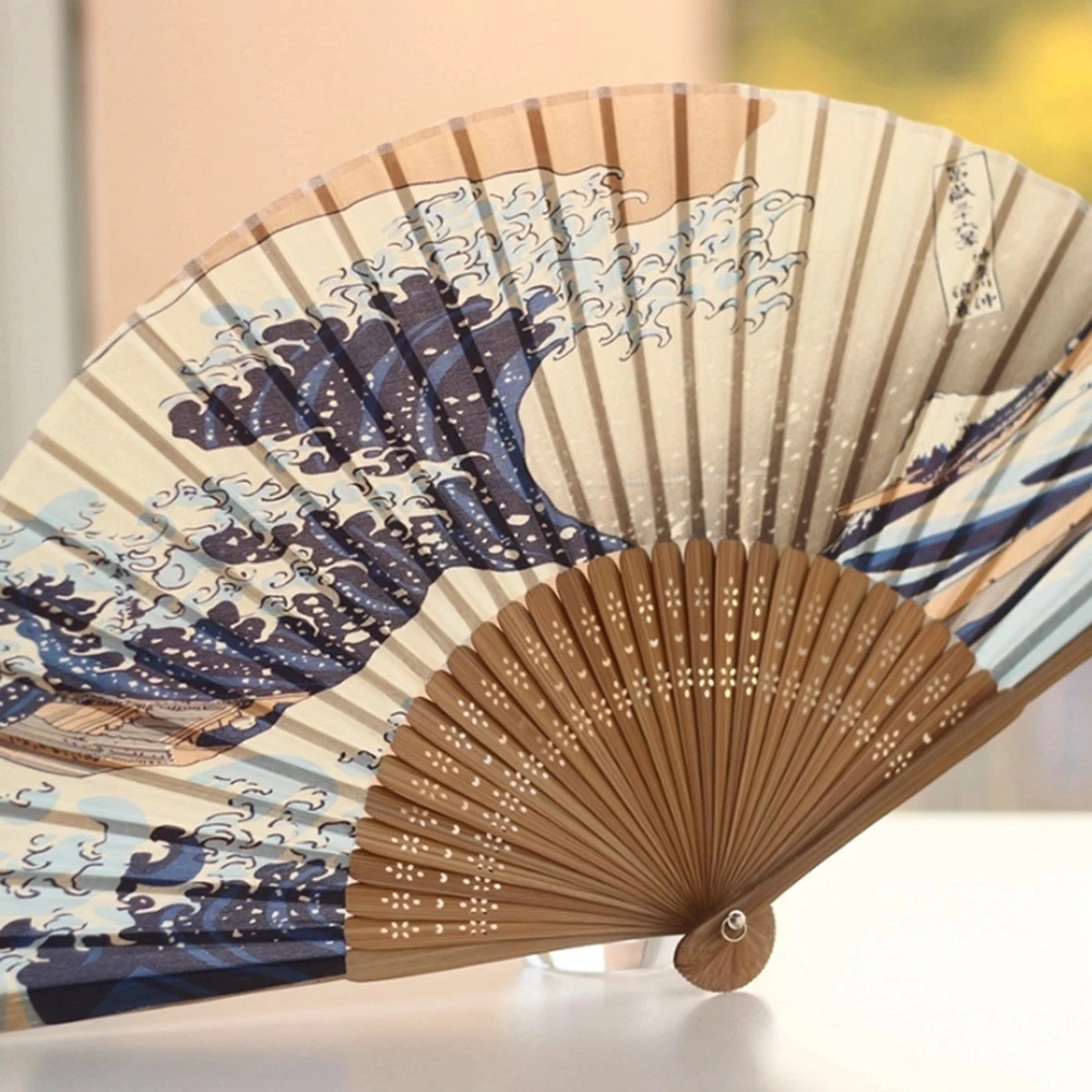 Настоящая шелковая рамка вентилятора для рук Fuji Kanagawa волны Японский складной веер карманный Вентилятор Свадебные аксессуары украшения Подарочные принадлежности для мероприятий