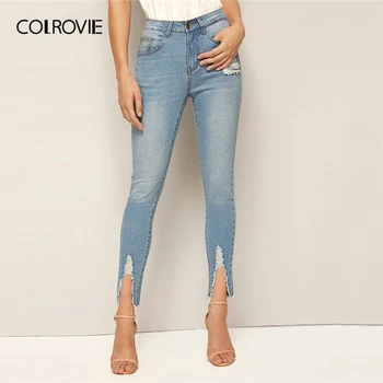 

COLROVIE Blue Frayed Edge Faded Skinny Jeans Women 2019 Fall Streetwear Button Fly Ripped Jeans Female Solid Casual Denim Pants