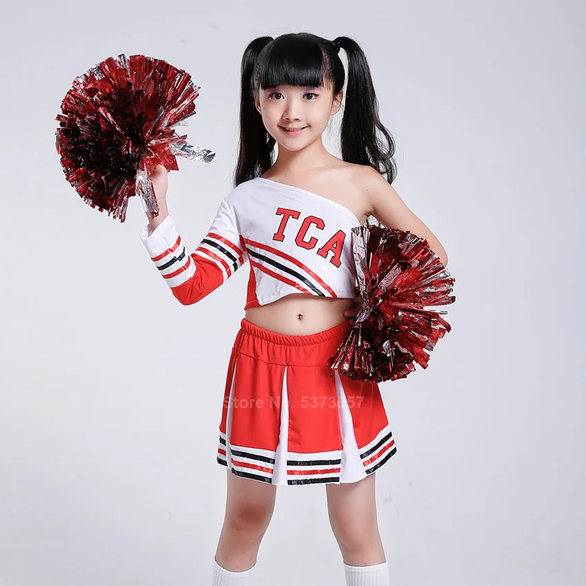 100-170cm Kids Girls Cheerleader Costumes Shoulder Off Vest+ Skirt Student Boys School Uniform Cheerleading Dance Performance