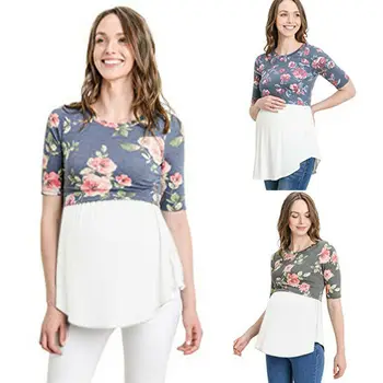 

Pregnant Women Maternity Clothes Nursing Tops Breastfeeding Flower T-Shirt Short Sleeve S-2XL