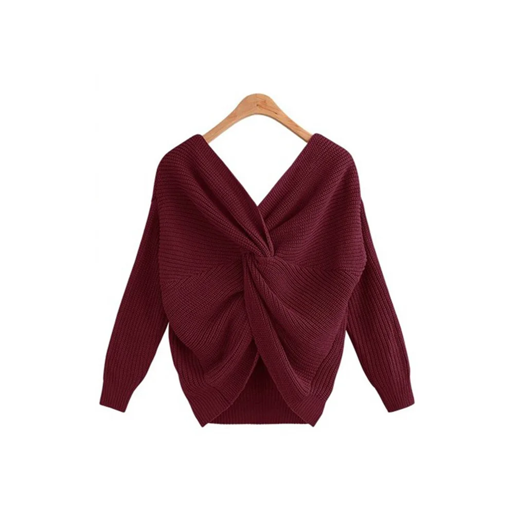 Wine Red Модные 6 видов цветов V образным вырезом свитер с крученой спинкой Для женщин Джемперы Осенние Пуловеры Повседневное Топы с длинным рукавом трикотажные свитера Pull Femme - Цвет: Wine Red
