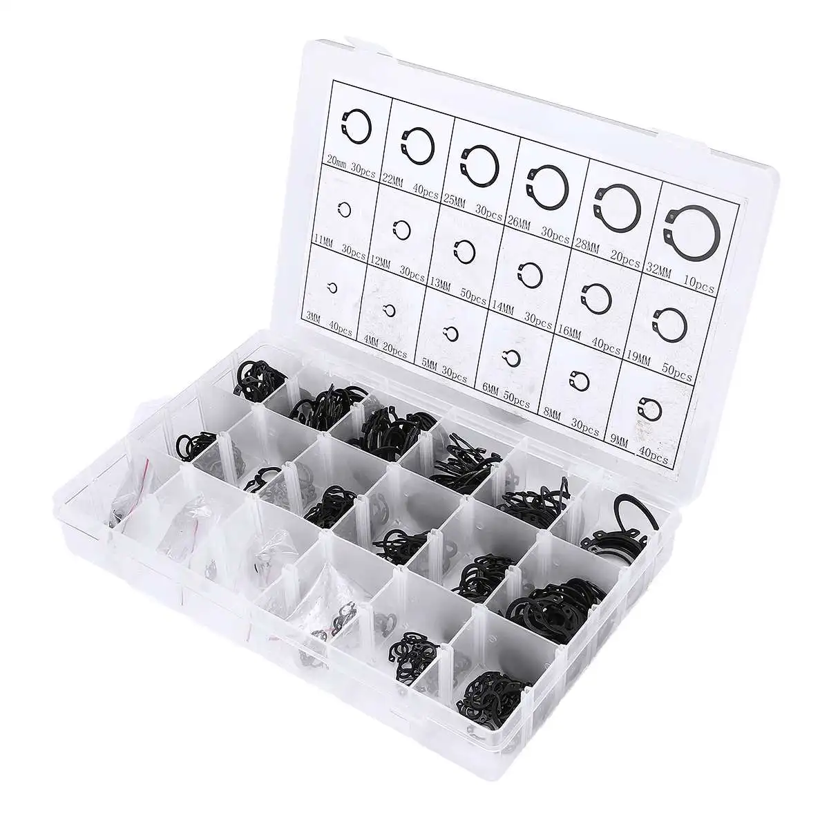 600pcs Black Circlip Retaining Ring Multi-size M3-M32 Circlip Card Internal External Retaining Circlips C-clip Washers