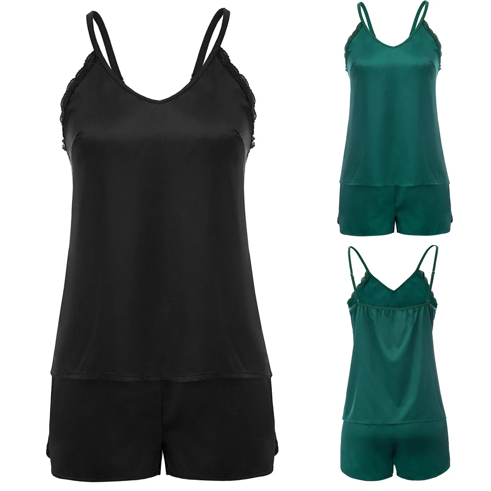 Pajama sets Women summer sexy comfortable ladies Smooth Silk-Like Sleepwear V-Neck Cami Tops+Shorts Nightie