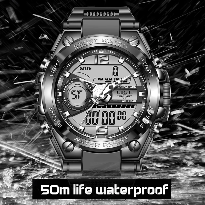 LIGE Men Military Watch Top Brand 50m Waterproof Wristwatch LED Alarm Clock Sport Watch Male relogios masculino Sport Watch Men 3
