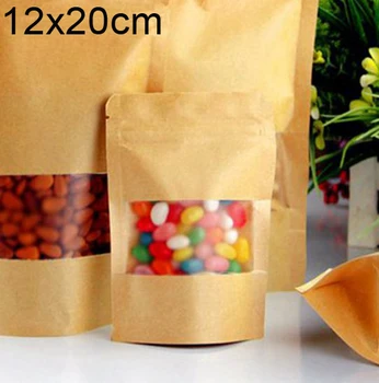 

Standup kraft paper bag with matt window and zipper for food, paper ziplock bag 12x20x3cm 100pcs/lot
