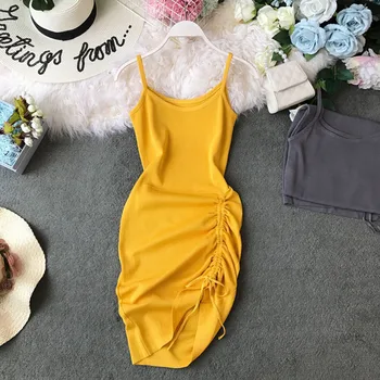 

sexy drawstring strap dresses for women 2019 autumn new solid slim knitted beach holiday style irregular female lady dresses