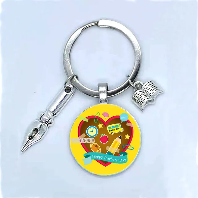 Fashion New Dear Teacher Round Glass Keychain Handmade DIY Book Pen Decoration Pendant Keychain Teacher'S Day Gift Souvenir 9