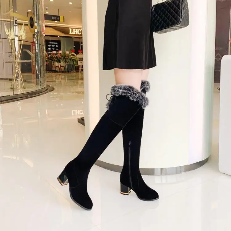 

2019 Fashion Winter Boots Snow Boots Knee-high Rubber Sole Zipper Lace-up Booties Mid-Heel Round Toe Butterfly-knot Woman Shoes