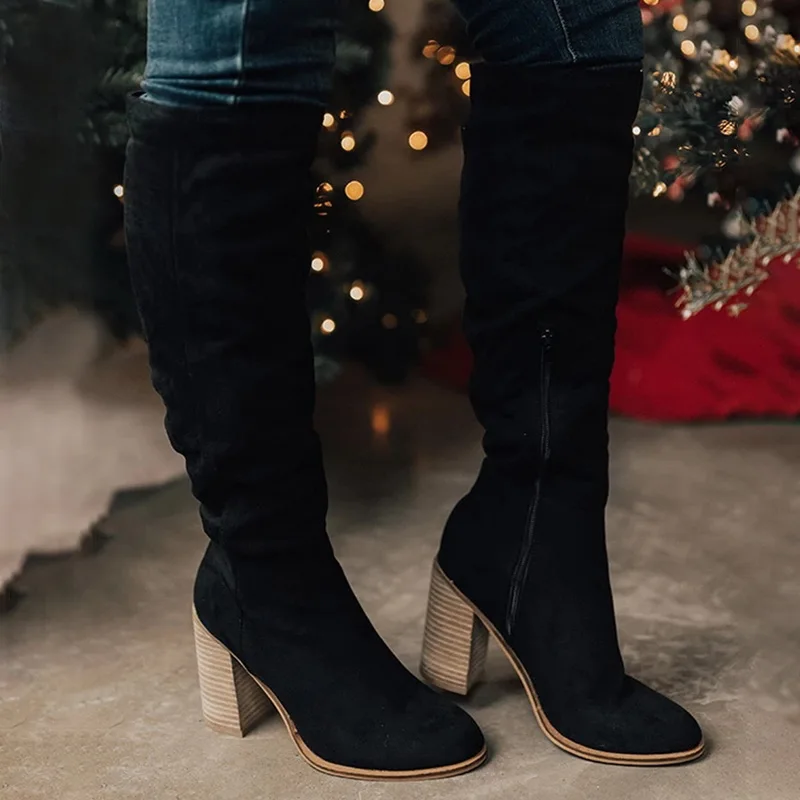 MoneRffi/сапоги; женские сапоги до колена; пикантная женская обувь на квадратном каблуке; зимние сапоги; теплые однотонные женские сапоги; botas mujer