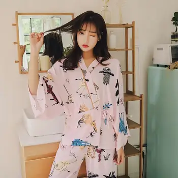 

Autumn Cotton Sleepwear Graffiti Style Women's Pajama Suit Breathable Japanese Kimono Pyjamas Leisure Sleep tops Pijamas mujer