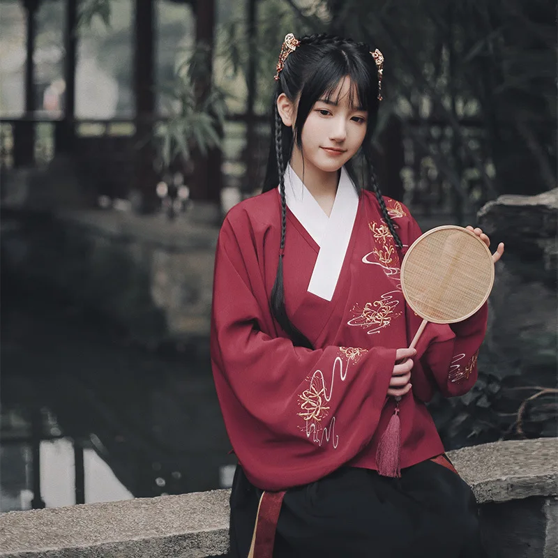 

Chinese style Hanfu embroidery costumes adult female daily spring and autumn students stage performance photo set