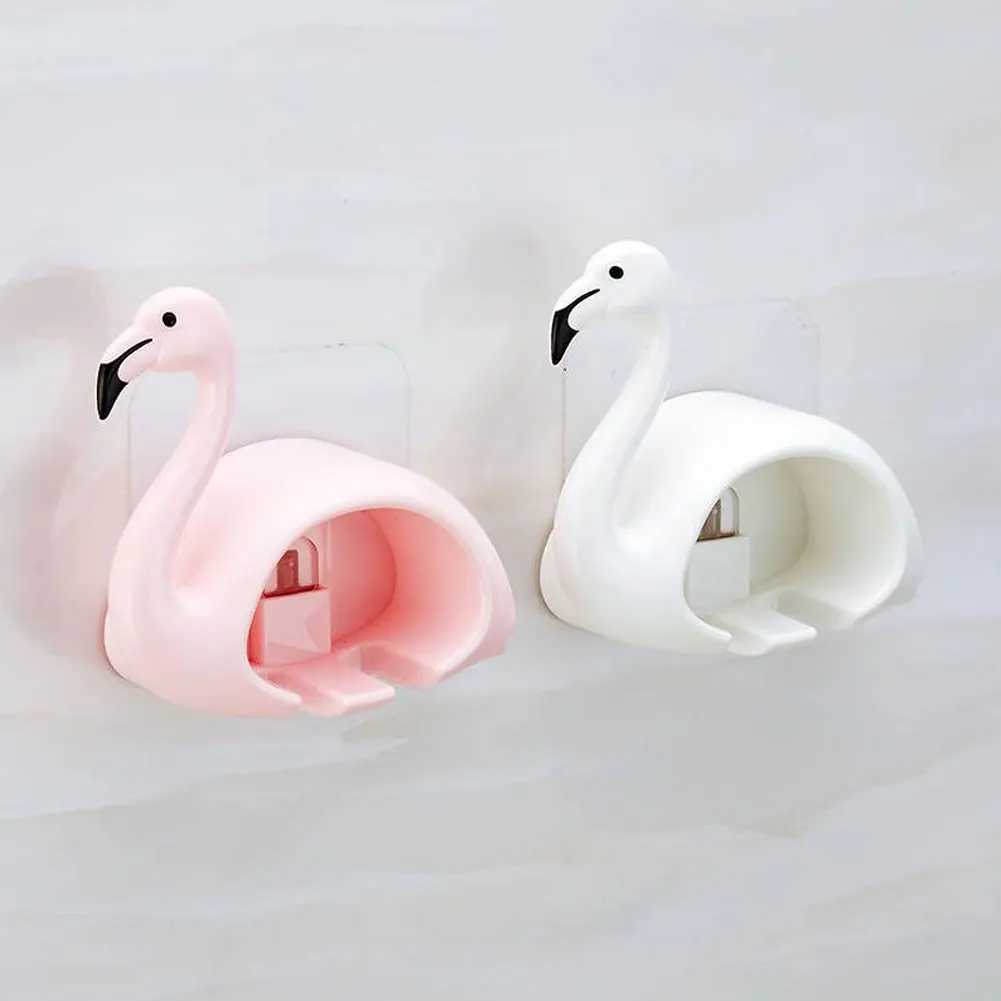Flamingo Shape Toothbrush Holder Organizer Stand Wall Mounted Plastic Bathroom Shelf Trace-Free Storage Rack