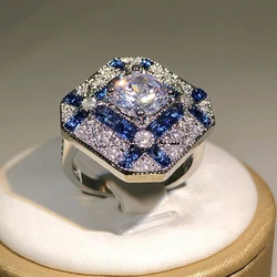 Sterling Silver Luxury Geometric Ring with Blue and White Zirconia - 8 (WHITE)