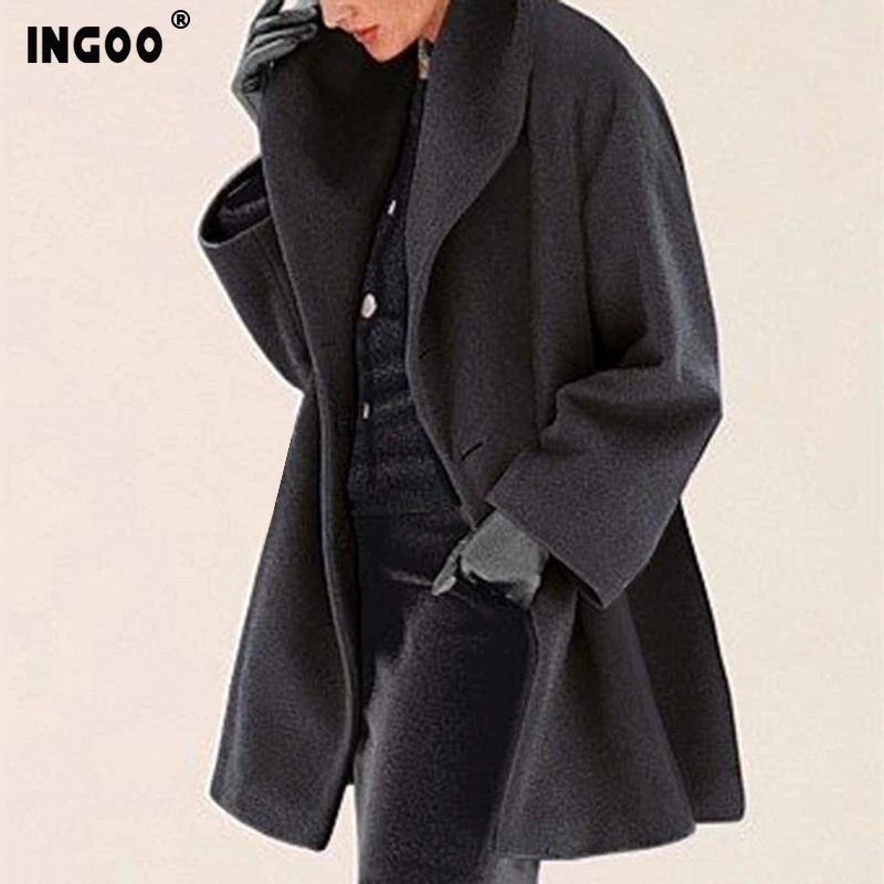 INGOO 7 Color Winter Loose Wool Long Coat Women Elegant England Style Thick Warm Single Breated Turn Down Collar Female Coats
