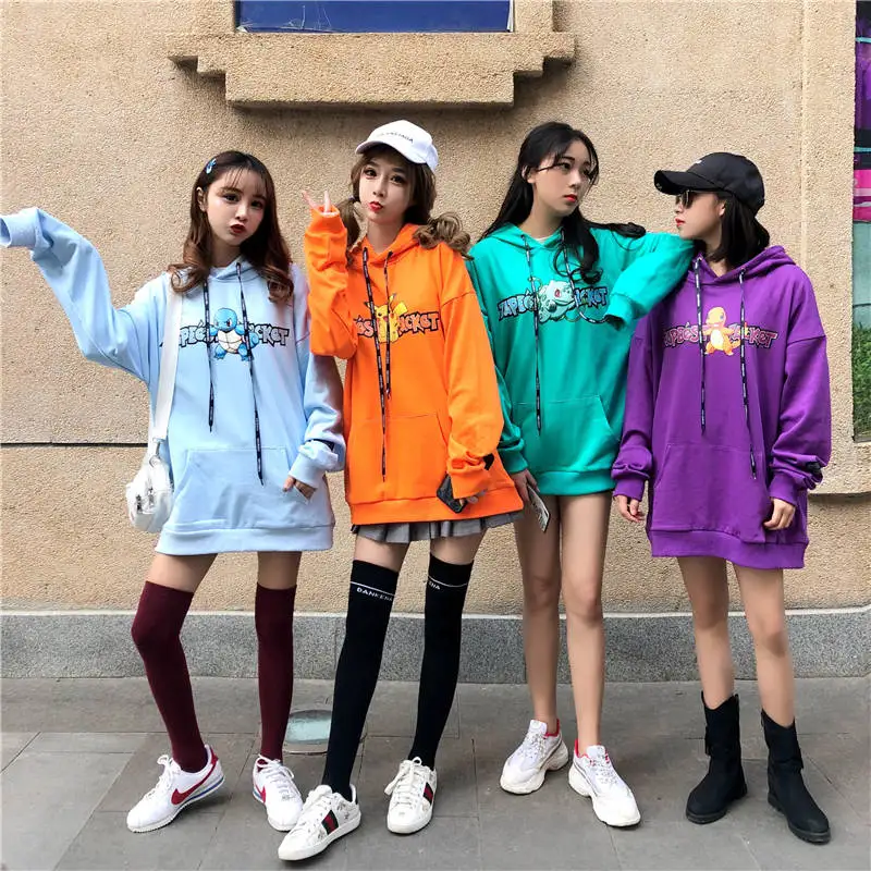 Kawaii толстовка с покемоном Женская милая японская кофта Harajuku Толстовка с длинным рукавом зимняя куртка Пикачу с капюшоном уличная одежда женские топы