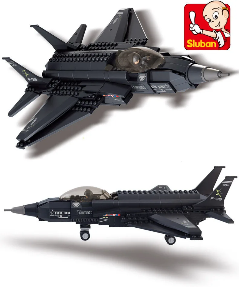 Ceny SLUBAN 0510 252 sztuk wojskowy myśliwiec F35 model samolotu zabawki budowlane SLUBAN 0510 budowa figurka na prezent dla dzieci LEGOE