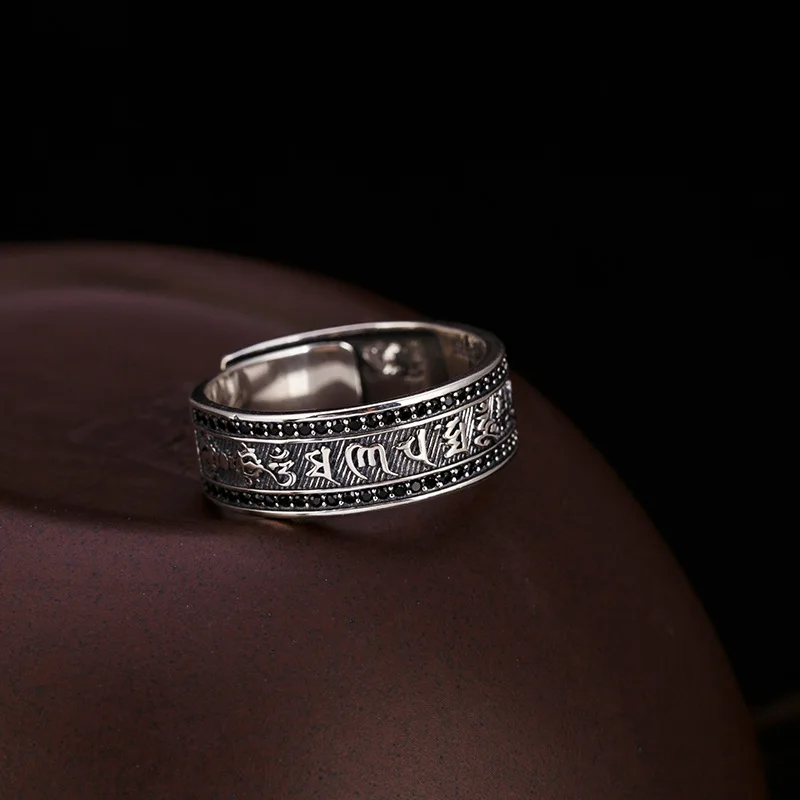 

One Deer Silver S990 Pure Silver Mantra Ring Retro Cool Thai Silver Trend Men's Women's Adjustable Rings Accessories