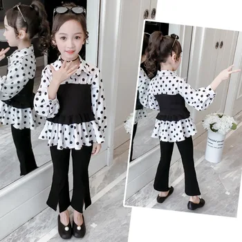 

Children's suit autumn 2020 spring girl polka dot waist chiffon shirt flared pants suit