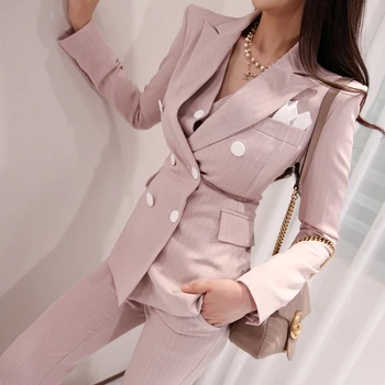 

2020 Office Ladies Striped 3 Pieces Set Double Breasted Slim Blazer & Patchwork Tops & High Waist Pants Women Pant Suits