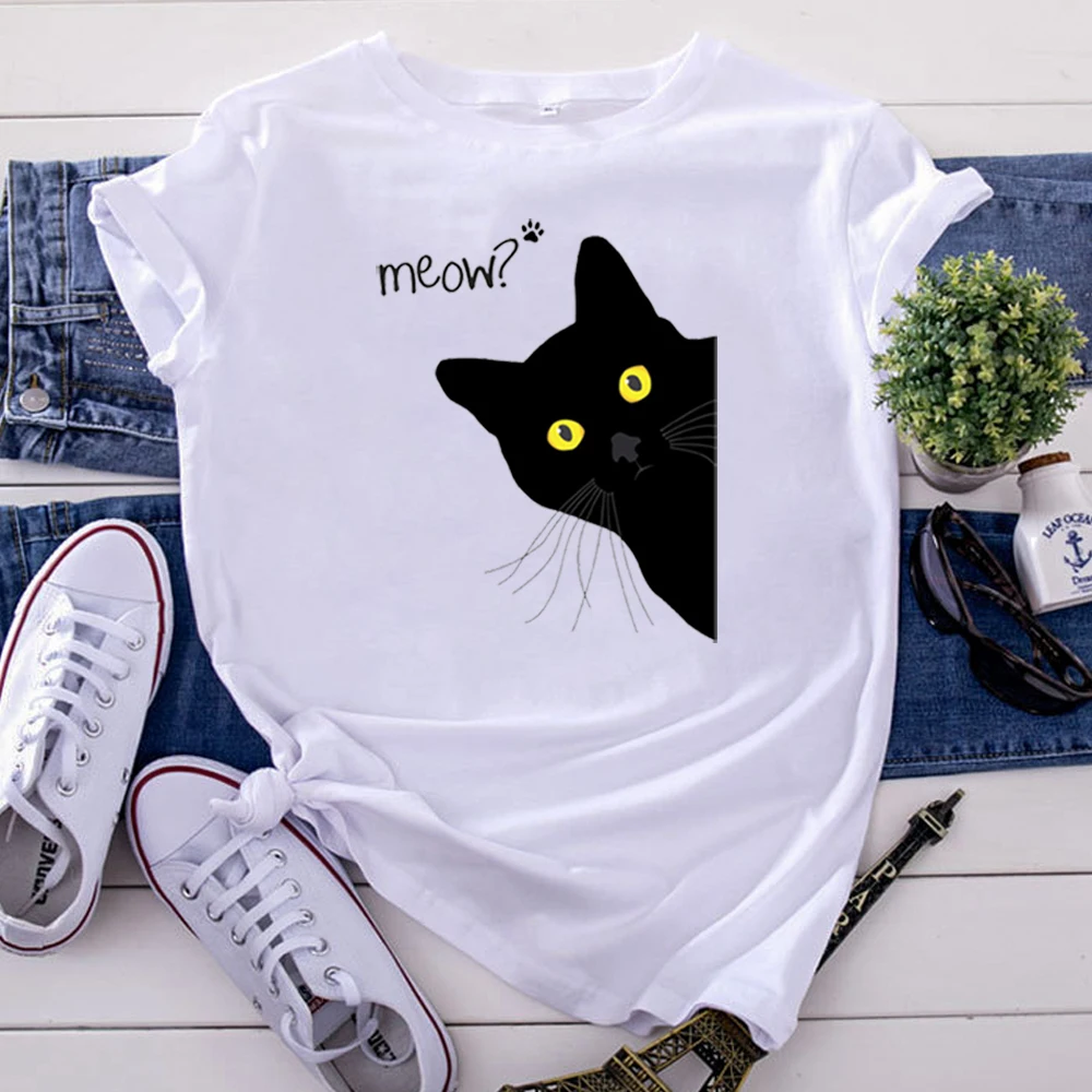 

T Shirts Lovely Big Black Cat Personality Printing Tshirts For Woman Hip Hop Gothic Women T-Shirts Casual Cotton Womens Tops