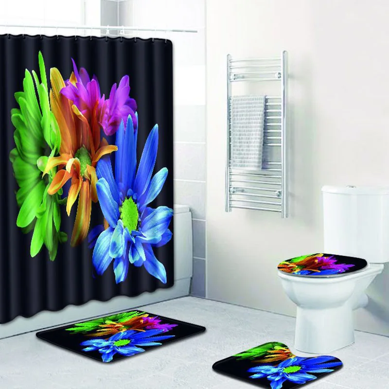 

4pcs/set Bathroom Non-Slip Pedestal Rug Lid Toilet Cover Bath Mat Polyester Waterproof Shower Curtain Washable Modern Home Decor